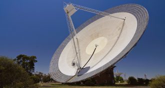 The “dish” at the Parkes Radio Telescope facility in Australia — listening for signals from distant galaxies (or the staff’s microwave ovens).