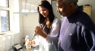 Chemist Nimal Gunaratne (right) at Queen's University Belfast helped develop a perfume delivery system that works harder as someone sweats.