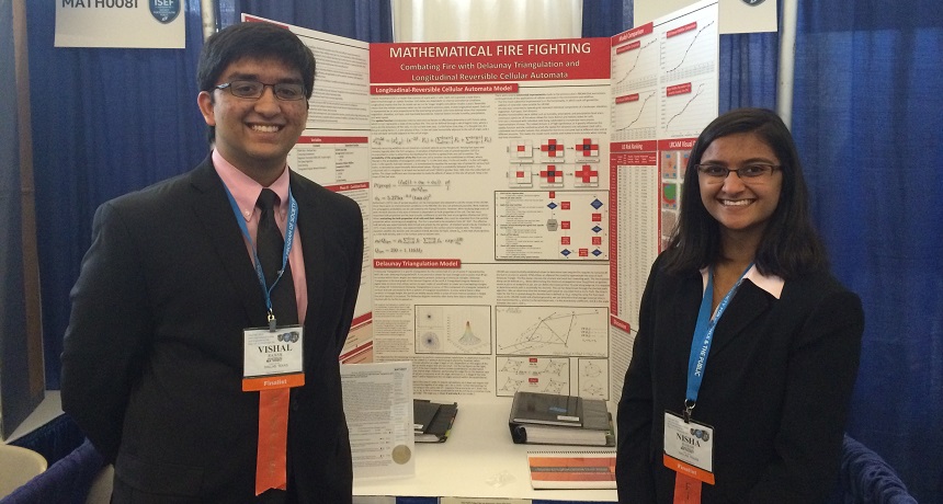 Brother and sister math pair Vishal Rajesh and Nisha Rajesh show off their work using math to predict how wildfires will spread.