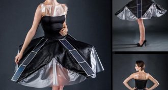 This dress supports four strips of solar panels. The photovoltaic panels convert sunlight into electricity — enough to recharge a smartphone tucked inside a hidden pocket.