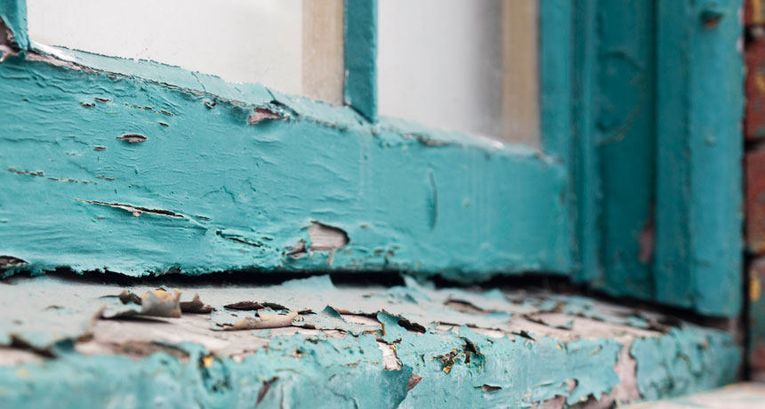 Peeling paint on a window and its sill. Old, peeling paint is a major source of the lead that children can encounter. 