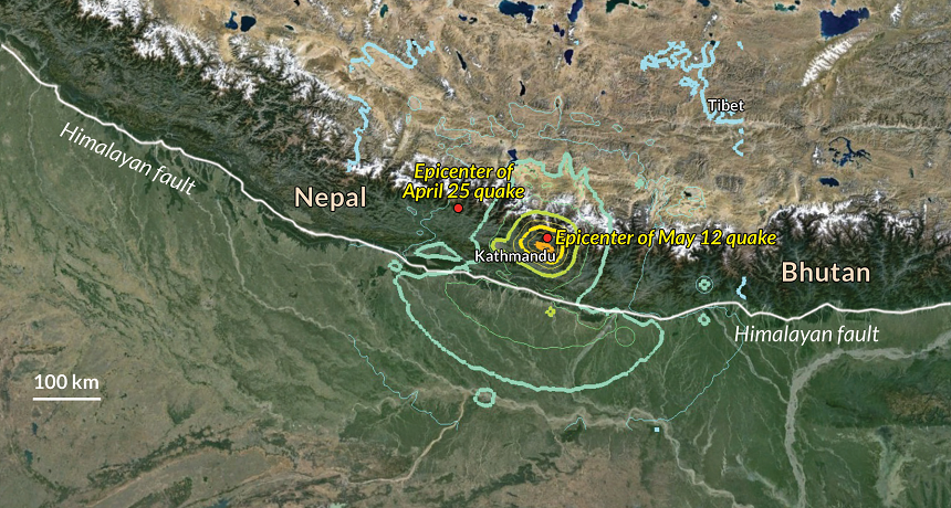 A massive May 12 aftershock hit earthquake-ravaged eastern Nepal. Colored lines indicate the intensity of ground shaking caused by the quake, which was even felt in northern India and Bangladesh.