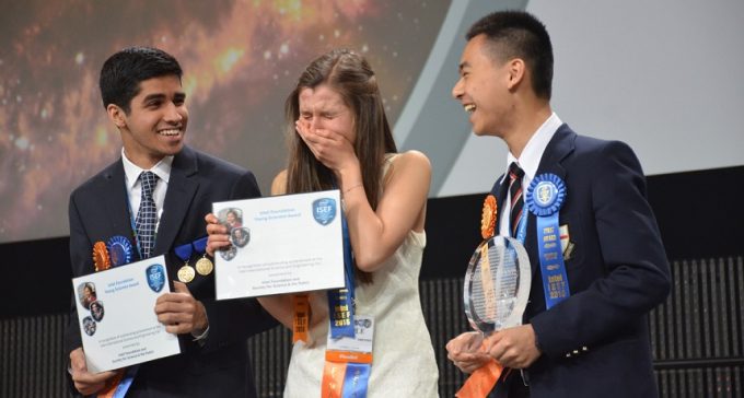 The trio of top winners at the 2015 Intel ISEF competition, from left: Karan Jerath of Friendswood, Texas, with Nicole Ticea and Raymond Wang of Vancouver, Canada.