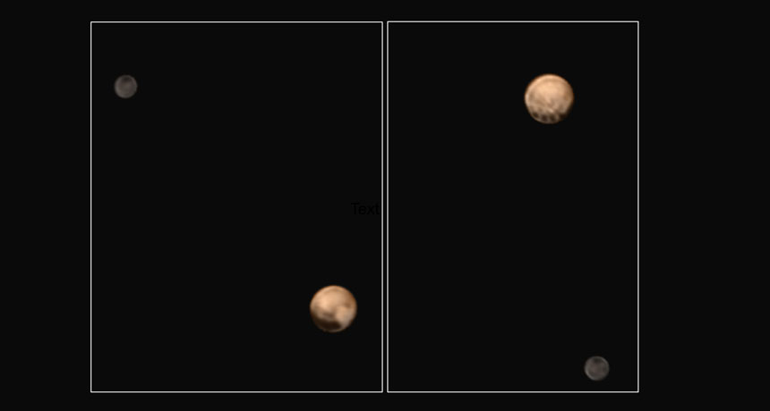 Pluto and its largest moon show off two of their sides in this pair of New Horizons photos. Each of the dark spots on Pluto (orange, right) is roughly the size of the state of Missouri.