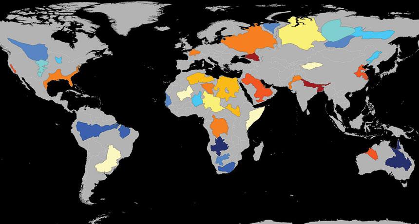 Of Earth’s 37 largest aquifers, 21 are shrinking, satellite data show. Here, redder regions represent overstressed aquifers. Those buried reservoirs lose more water each year than they gain.