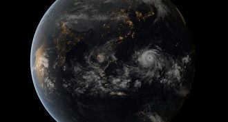 Powerful storms such as Typhoon Haiyan, pictured in this composite image, can devastate communities on land. The average intensity of typhoons will rise by the end of the century, new research predicts.