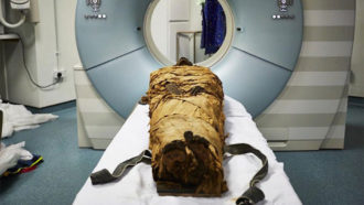 mummy in CT scanner