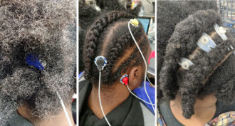 EEG electrodes on the heads of three different people