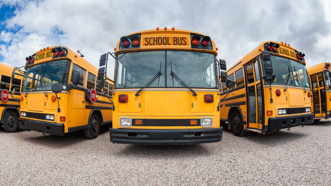 a photo of school buses lined up in a parking lot
