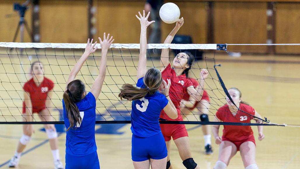 a photo of two teams of girls playing volleyball indoors