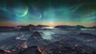 an illustration of an alien planet with a green sky and two moons