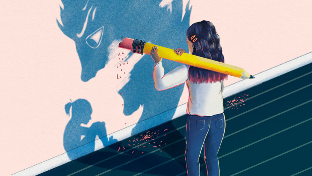 an illustration of a girl erasing a scary shadow looming over a sitting girl