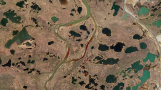 an aerial image showing where oil spilled near the Ambarnaya River
