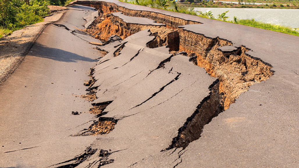 a road disturbed by an earthquake