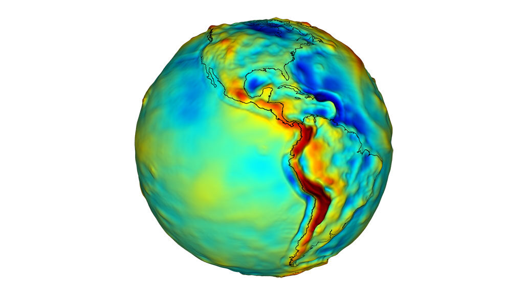 a colorized map of the globe showing areas of higher and lower gravity