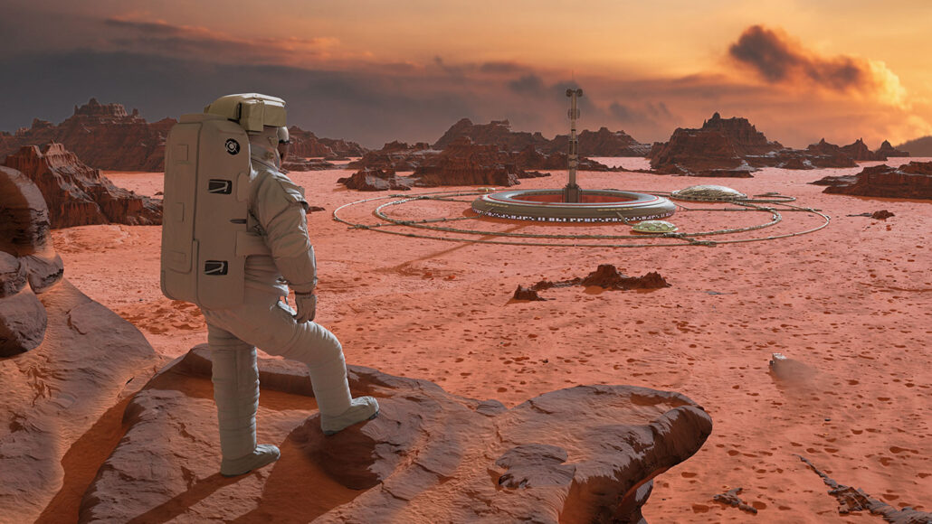 an illustration of an astronaut looking at a colony on Mars