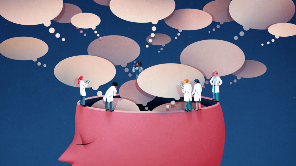 illustration of scientists observing thought bubbles from a brain