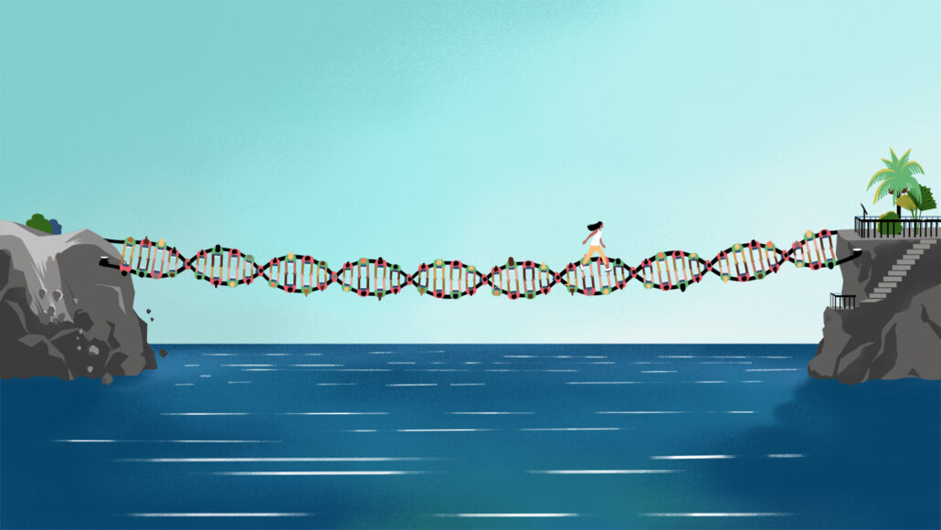 illustration of a woman walking across of a bridge of DNA