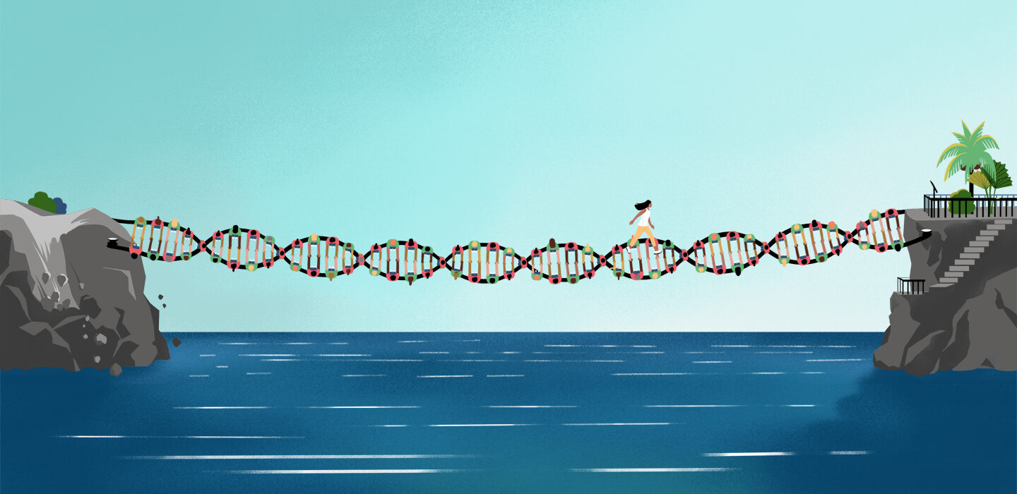 illustration of a woman walking across of a bridge of DNA