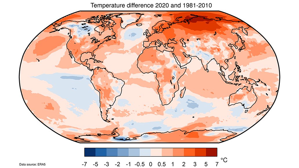 a heat map of global temperatures from 2020