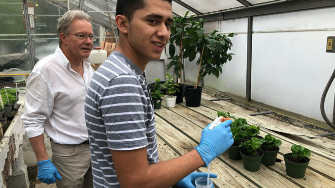 Edgar Sosa and his mentor in a greenhouse