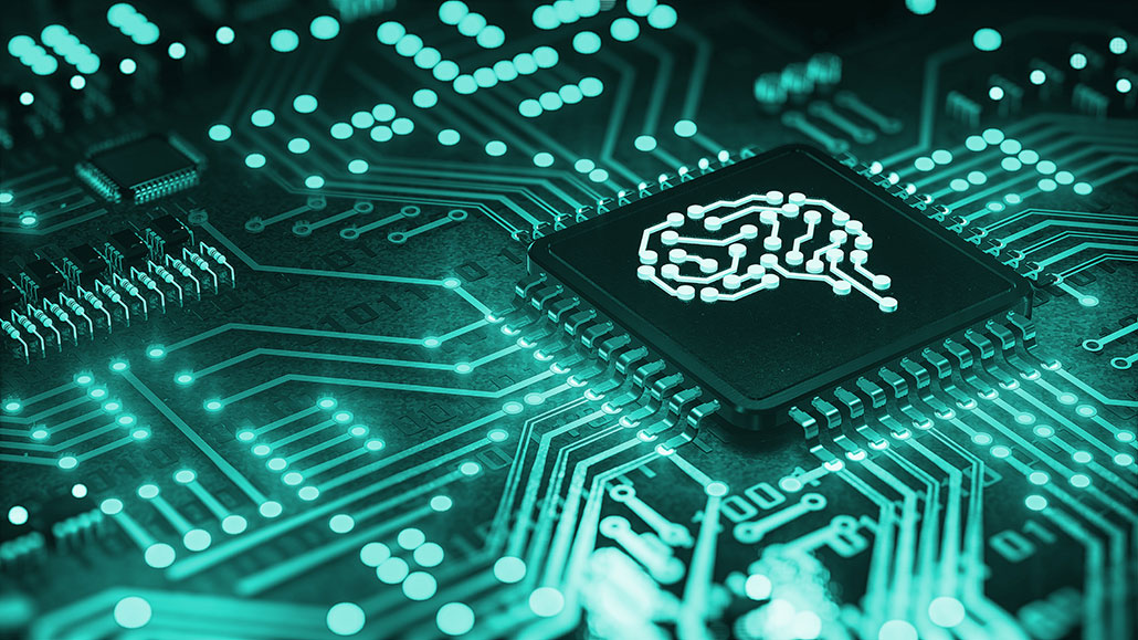 an illustration of computer circuitry with a stylized brain on a chip