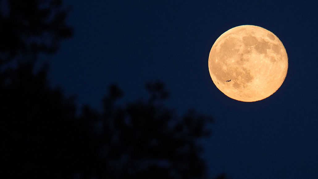 a photo of a large yellow moon in a dark sky with a jet flying past the moon