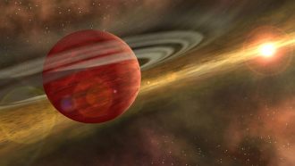 an illustration of a red gas planet with rings in a star dust cloud