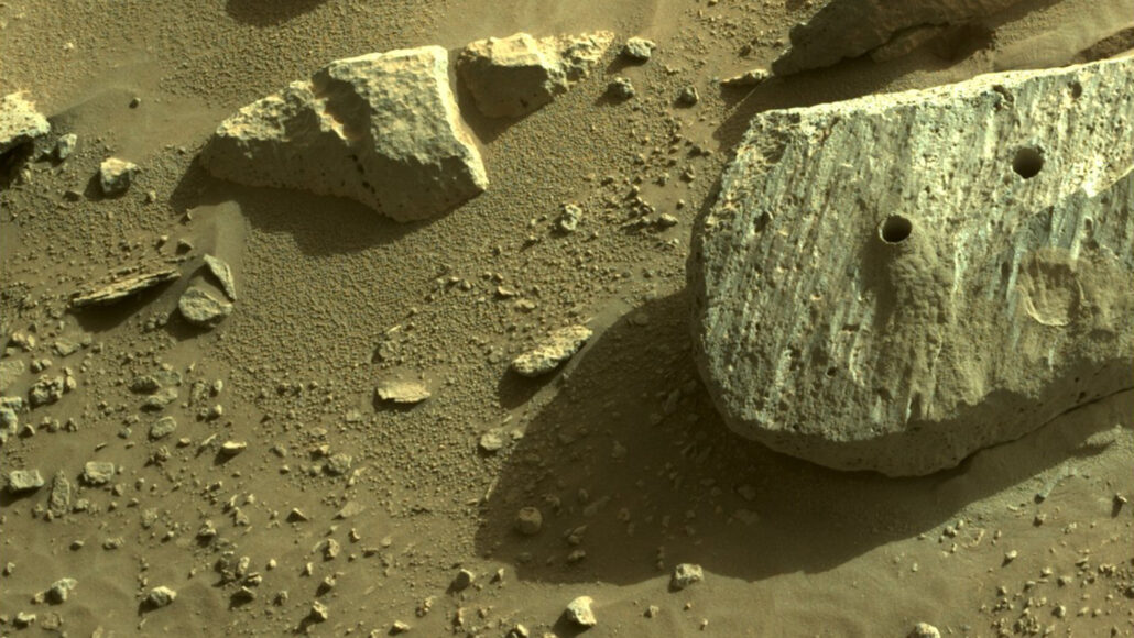 rocks on Mars with drilled holes from NASA's Perseverance rover