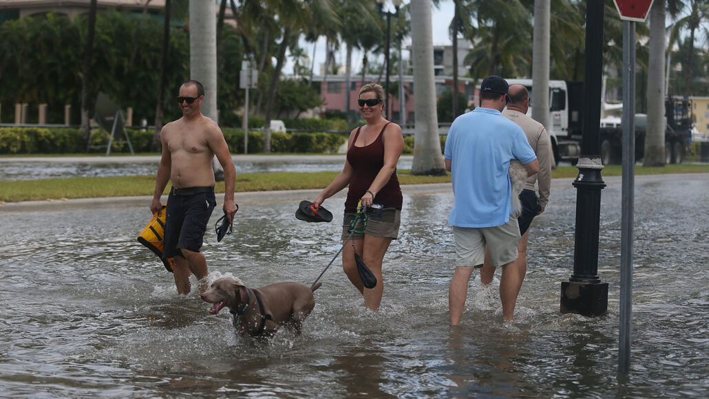 people walk through a flooded street