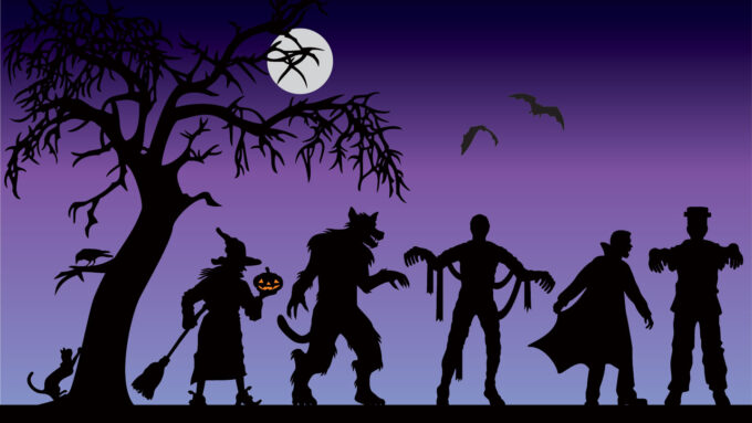 cartoon silhouettes of a witch, werewolf, mummy, vampire and Frankestein stand under a creepy tree and a full moon with bats flying overhead