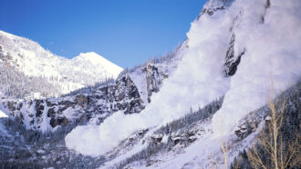 snow slides down a mountainside in an avalanche