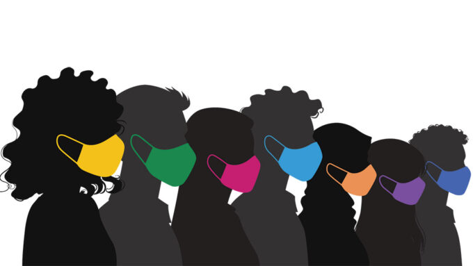 an illustration of a row of silhoutted people wearing brightly colored face masks