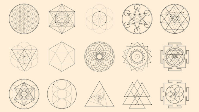 illustrations of 12 abstract geometric objects with curved and straight lines