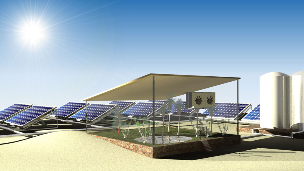 an illustration showing a sunny day, a field of solar panels, and a small covered green space watered by the water harvesting units