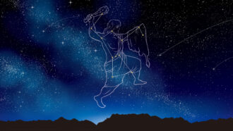 an illustration shows the stars in the night sky that form the constellation Orion the Hunter, with white lines connecting those stars and an illustration of a man wearing a toga overlaid on the constellation