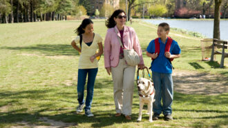 a teen girl and boy walk through a park with a woman who has impaired vision and is being led by a service dog