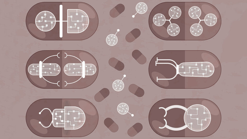 an illustration of various pills with various nanorobots inside each pill