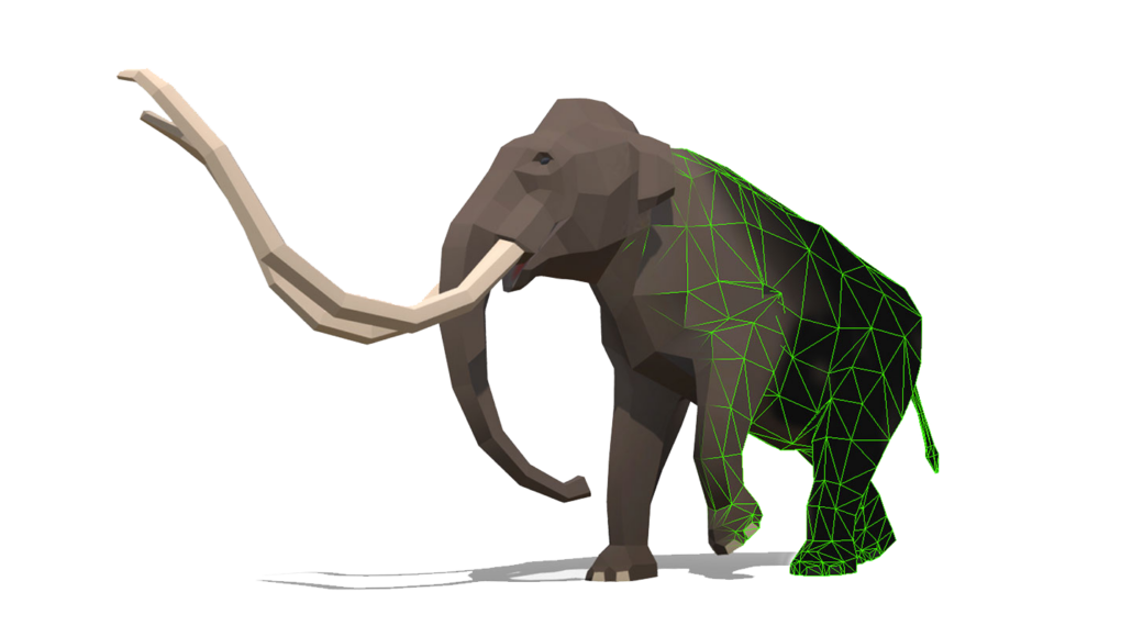 a VR model of a mammoth. The mammoth's tusks and the front half of the body are mostly rendered, the back of the body is composed of green polygons
