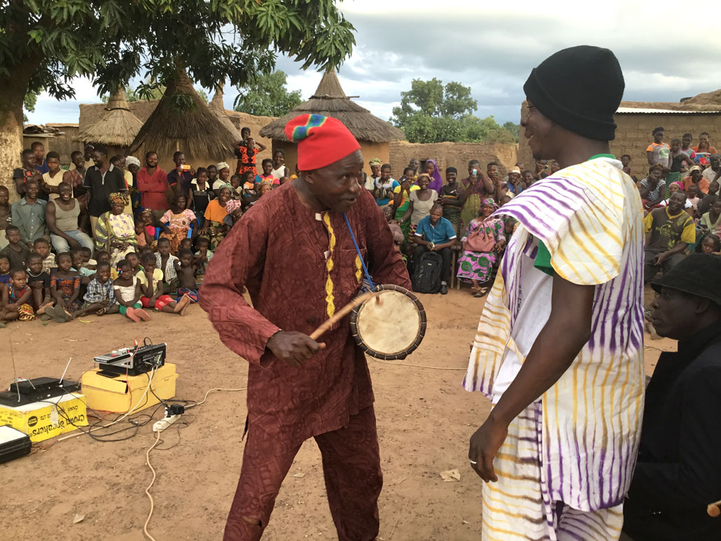 actors perform in a theater production meant to convey concepts about genetically sterilized mosquitoes