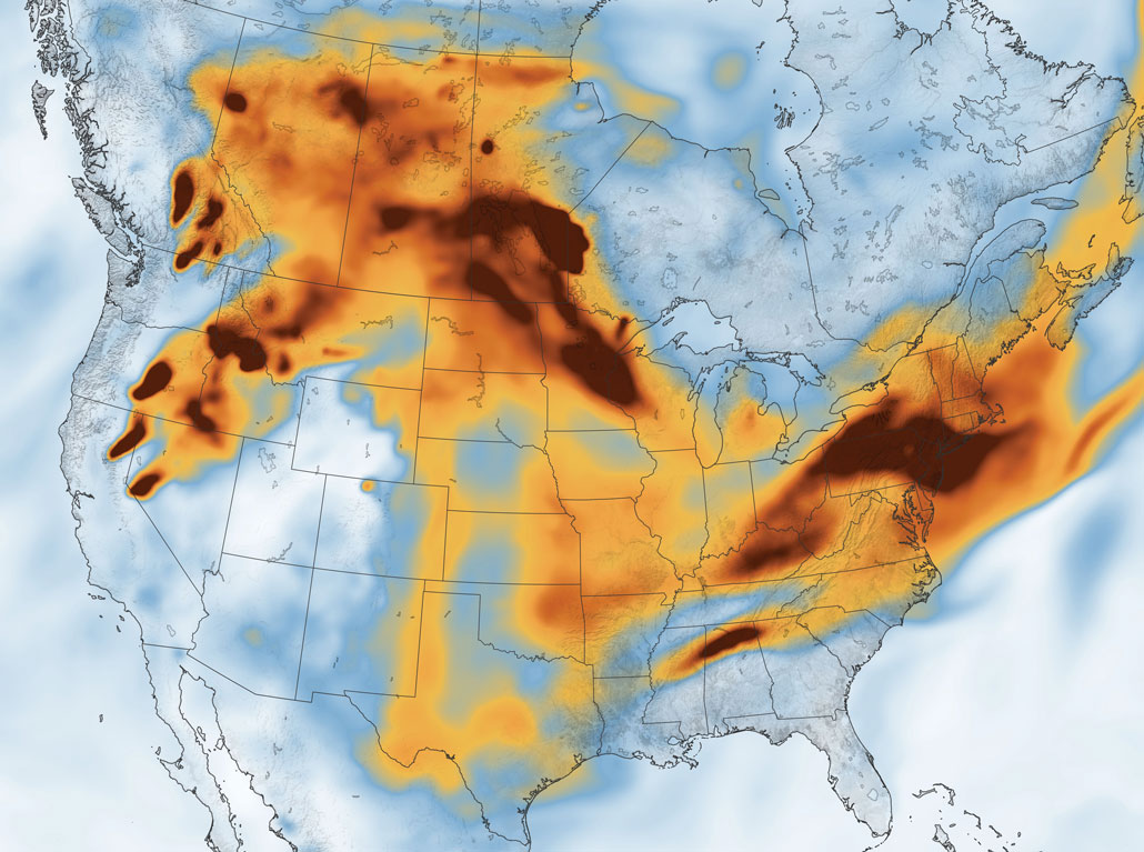 a map showing how wildfire smoke spread into the eastern United States and Canada from the West