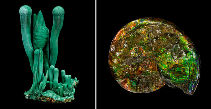 composite images of two green minerals: azurite and opalized ammonite