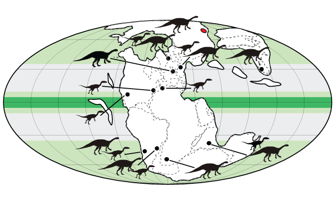 map showing locations where evidence of dinosaurs from 202 million years exists
