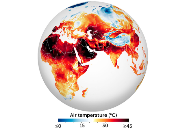 global map of surface air temperature in the Eastern Hemisphere on July 13, 2022