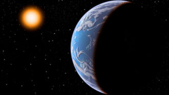 an illustration of a planet covered with water is in the foreground, with a star in the background