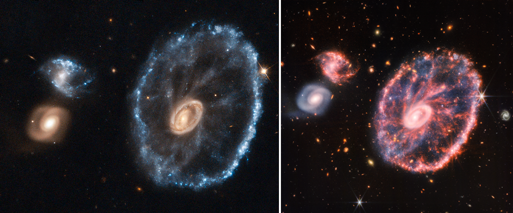 images of the cartwheel galaxy taken by the Hubble Space Telescope and JWST