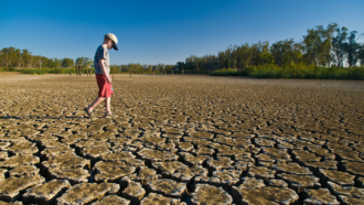 an image of a young boy in a tshirt and shorts walking on very dry cracked earth