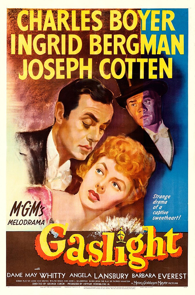 a movie poster advertises the 1944 film 'Gaslight'