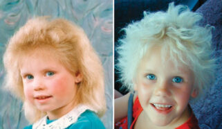 composite of two images of a children with blonde, unruly hair