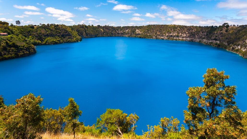 A clear blue lake in a forest